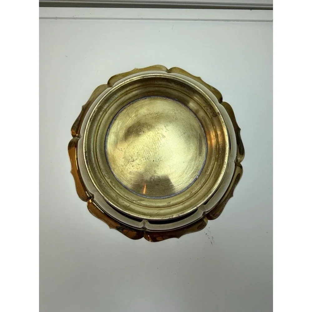 Vintage Brass Pedestal Bowl Scalloped Edge Footed Decorative Dish Chinoiserie